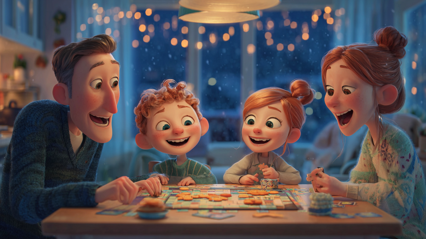 A family laughing around the money game at the kitchen table